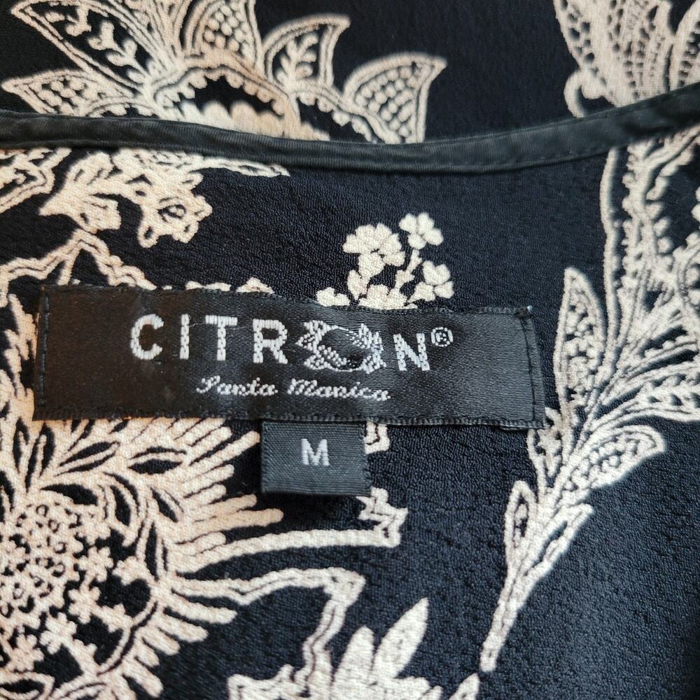 Citron Santa Monica Black Floral SS Faux Wrap Midi Shift Dress Medium Pockets - Picture 12 of 12